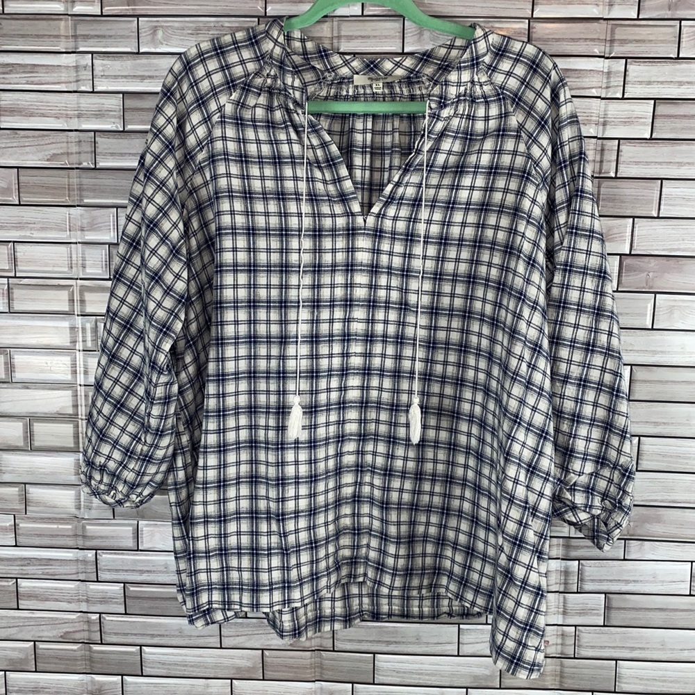 Madewell Plaid Pull On Tassel 3/4 Sleeve Blouse Size XL